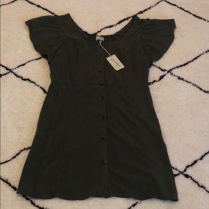 Olive green shift dress with flutter sleeves